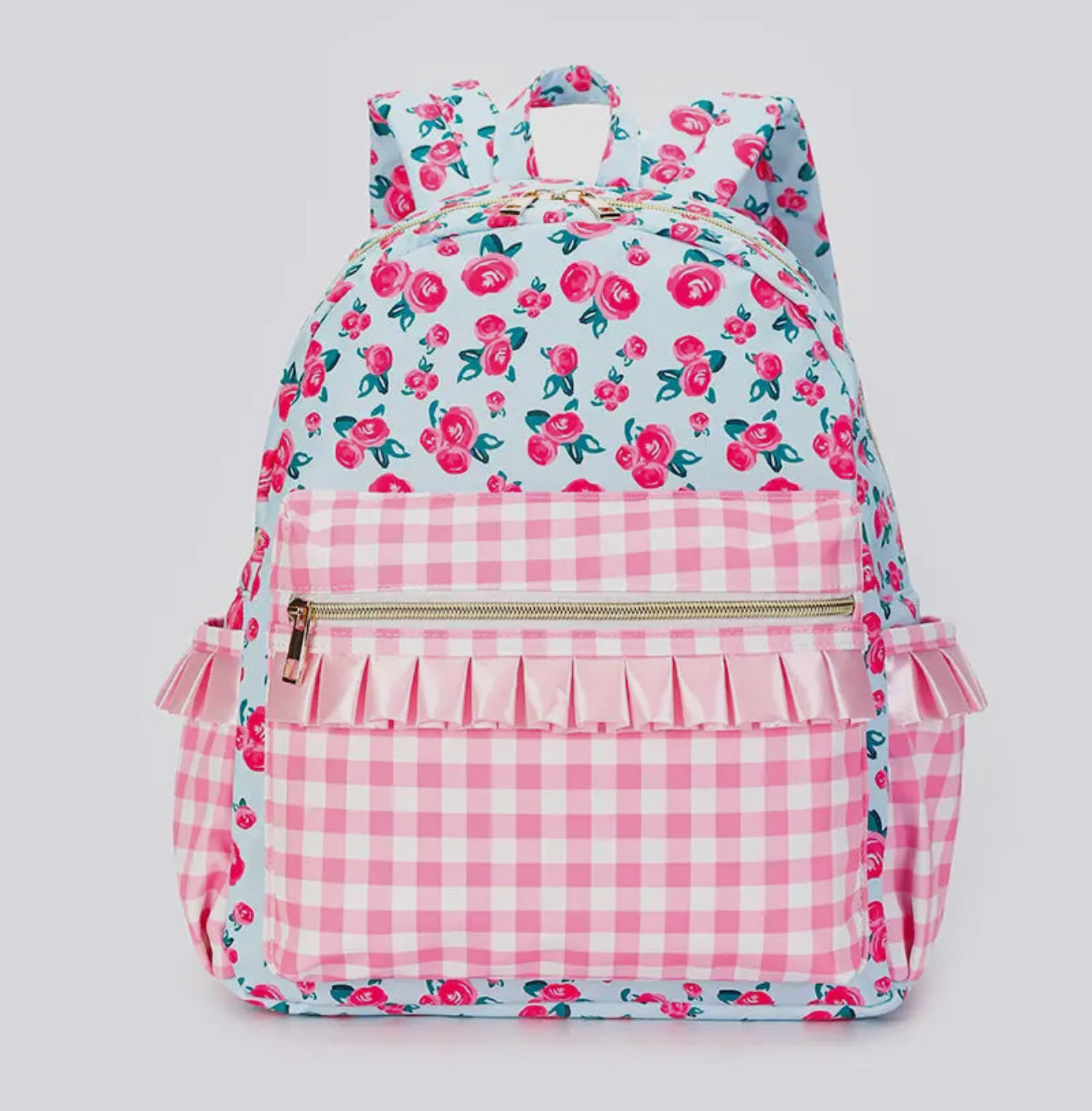 Pink Checkered Ruffle Floral Backpack