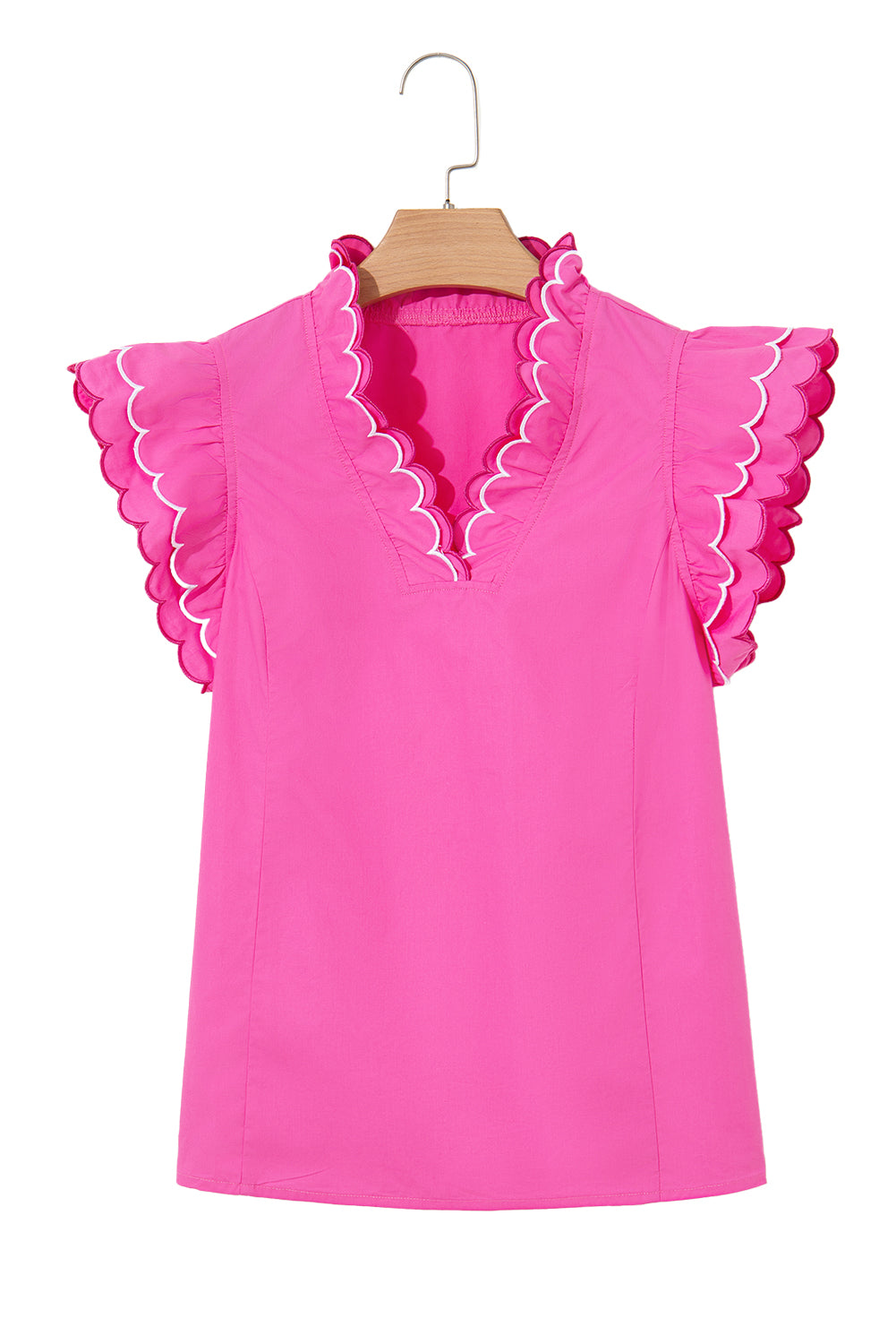 Bright Pink Contrast Scallop Trim Layered Short Sleeve V Neck Blouse