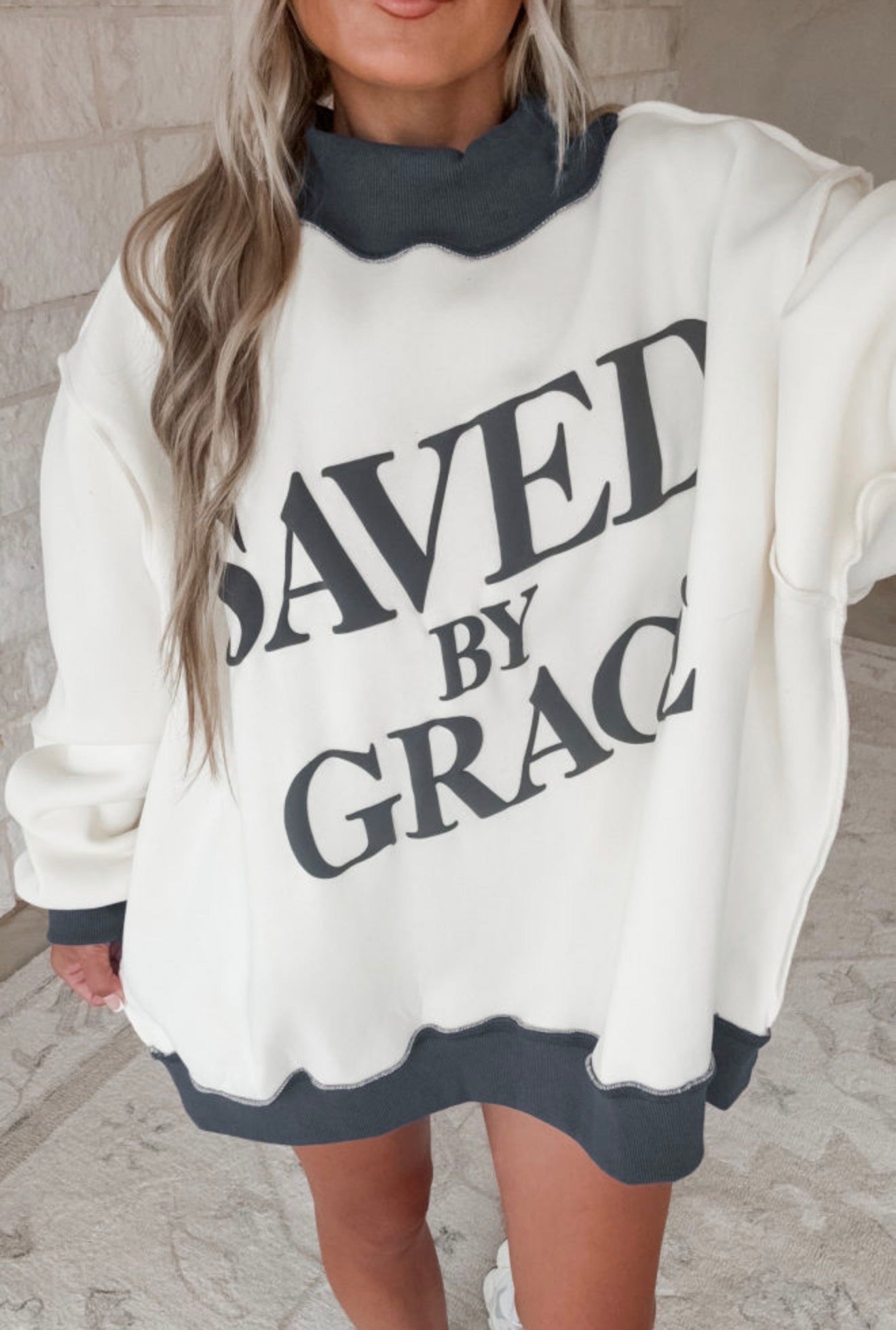 Grey Saved by Grace Mock Neck Sweatshirt