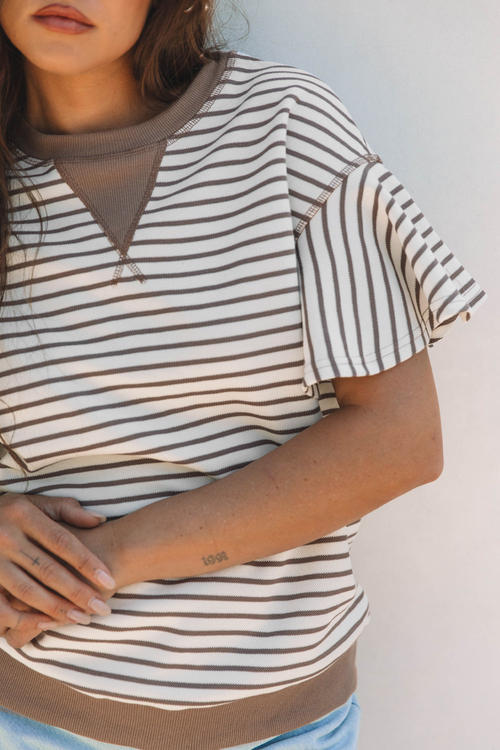 Parchment Contrast Detail Striped Ruffle Short Sleeve Top