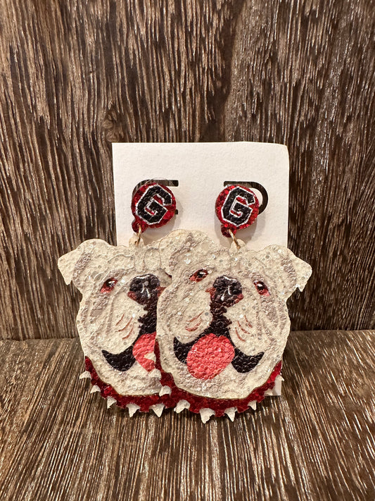 Glitter UGA Bulldog Head Earrings