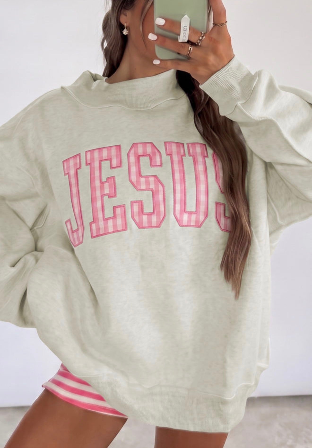 Pink Gingham Jesus Mock Neck Sweatshirt