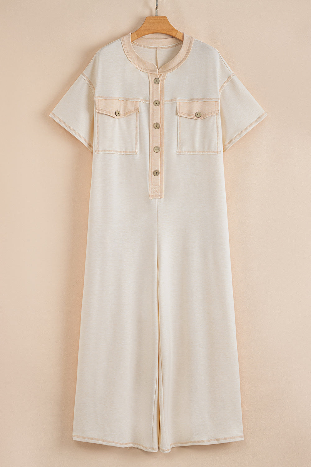 Beige Half Placket Chest Pockets Short Sleeve Wide Leg Jumpsuit