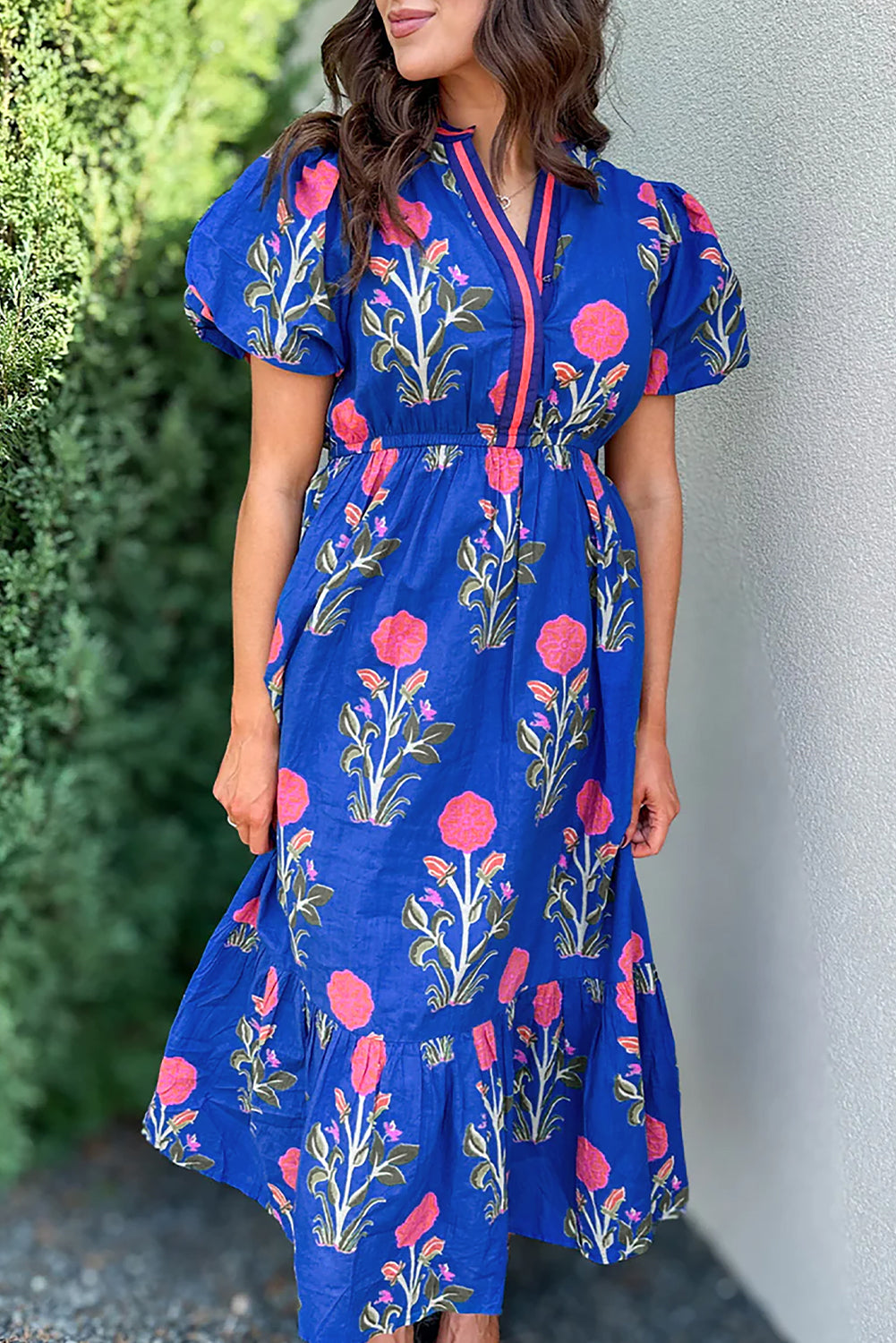 Sky Blue Floral Puff Short Sleeve V Neck High Waist Maxi Dress – Millie's  Mercantile & Trading Co