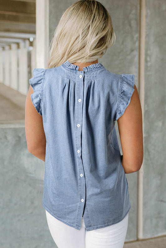 Beau Blue Frilly Pleated Button Back Retro Chambray Top