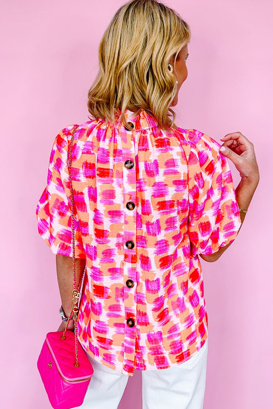 Pink Abstract Print Button Back Ruffed High Neck Blouse