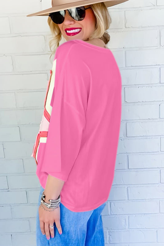 Bonbon Colorblock Star Patched Half Sleeve Oversized Tee