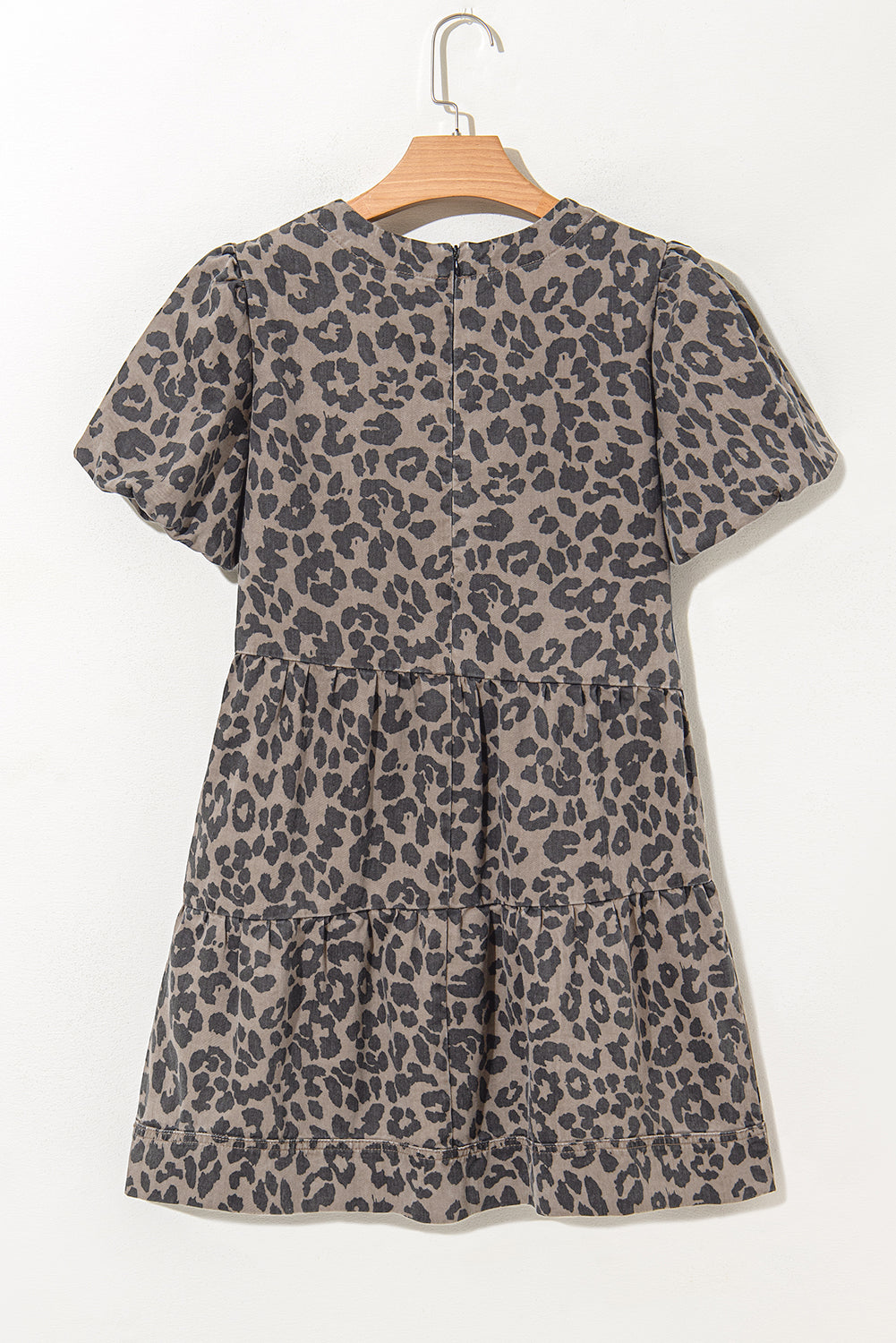 Brown Denim Leopard Printed Short Puff Sleeve Mini Dress
