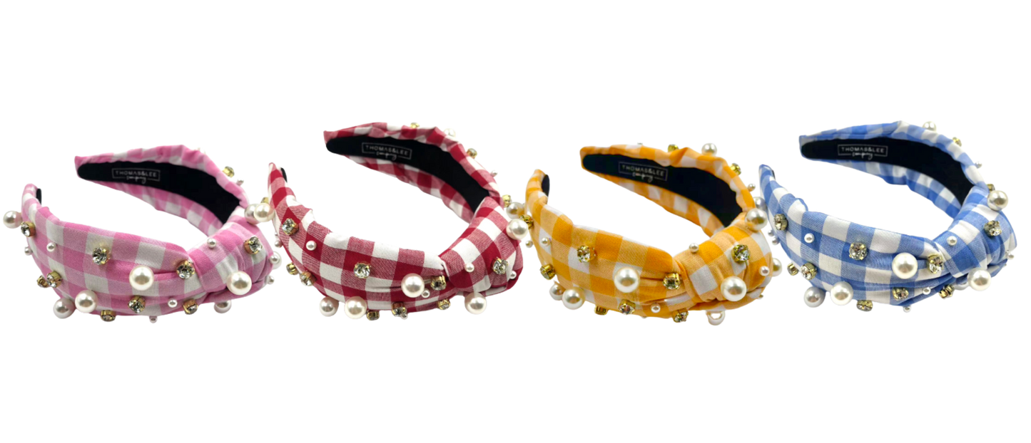 Gingham Headband with hand sewn Embellishments
