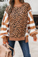 Khaki Stripe Color Block Patchwork Leopard Casual Sweatshirt with Slits