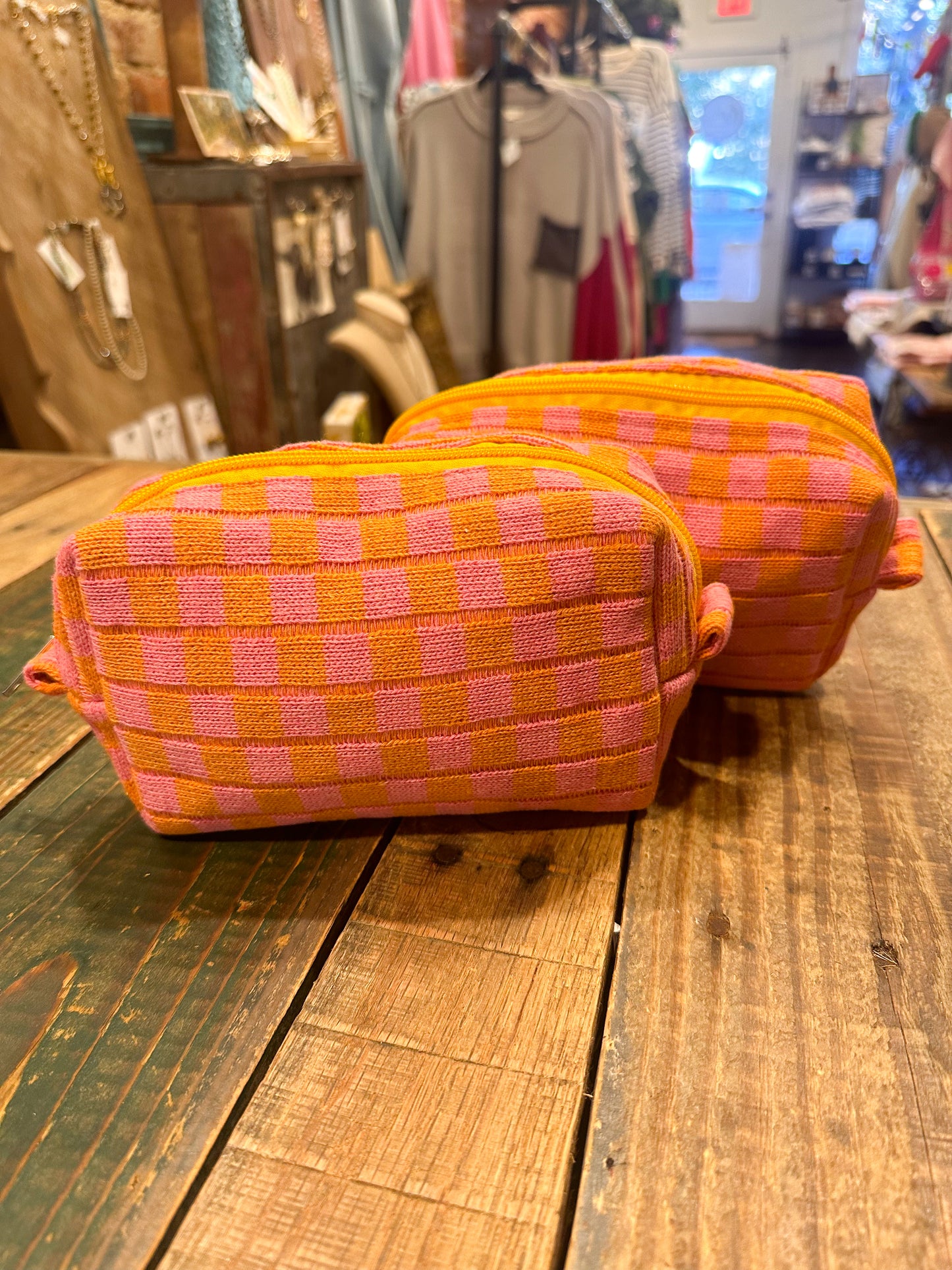 Pink & Orange Checker Toiletry Bag