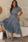 Blue Printed V Neck Shirred Short Puff Sleeve Maxi Dress