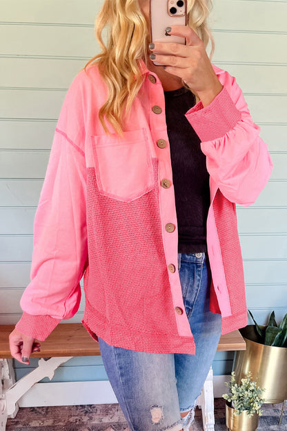 Peach Blossom Two Tone Contrast Waffle Knit Buttoned Loose Shacket