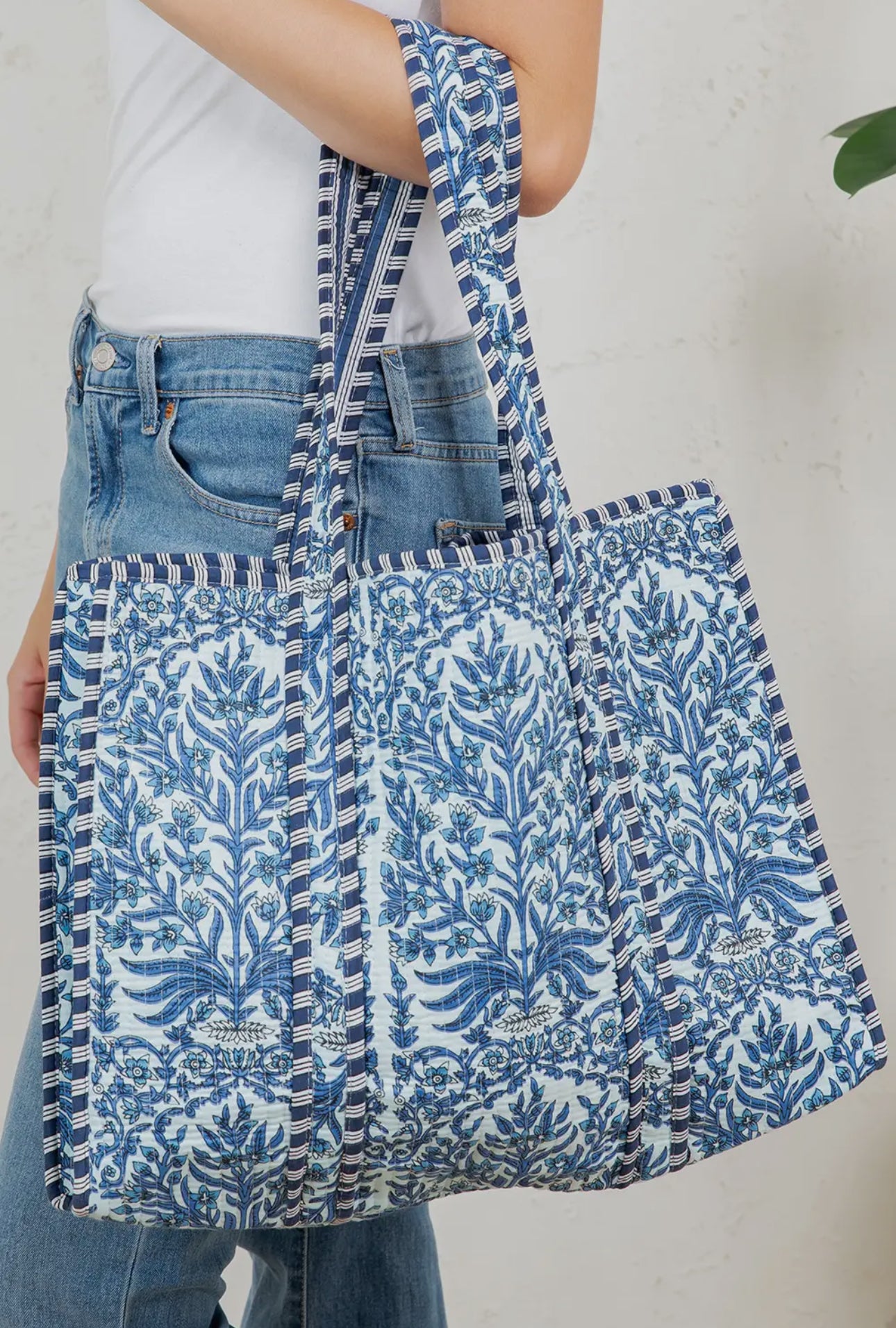 Blue Floral Reversible Quilted Tote Bag