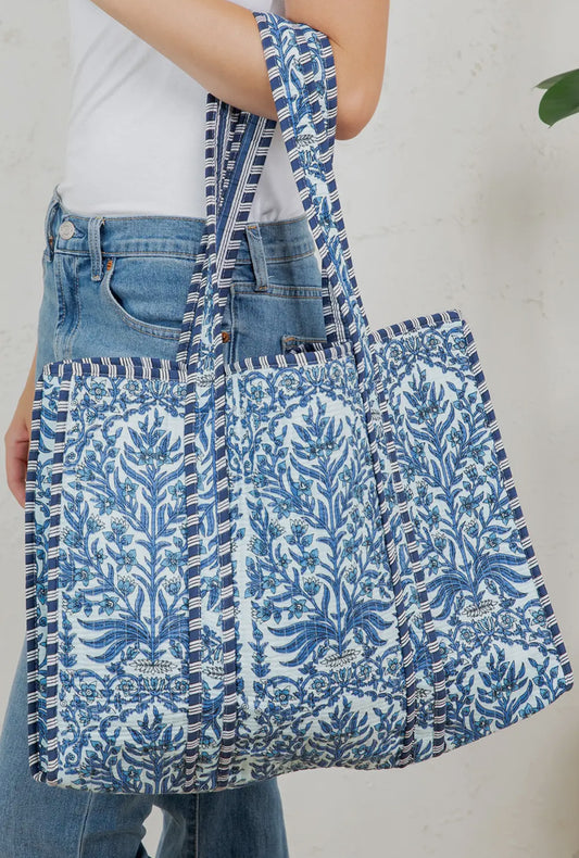 Blue Floral Reversible Quilted Tote Bag