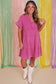 Strawberry Pink Mineral Wash Crinkle Split Neck Raw Hem Tiered Dress