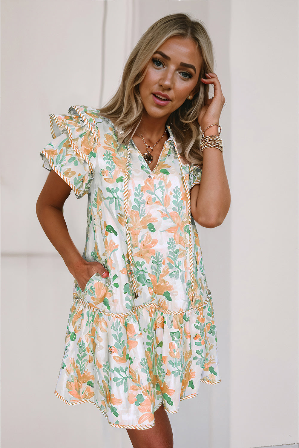 Orange Floral Contrast Edge Layered Short Sleeve Mini Dress