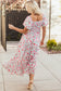 Pink Floral Puff Sleeve Square Neck Empire Waist Tiered Maxi Dress
