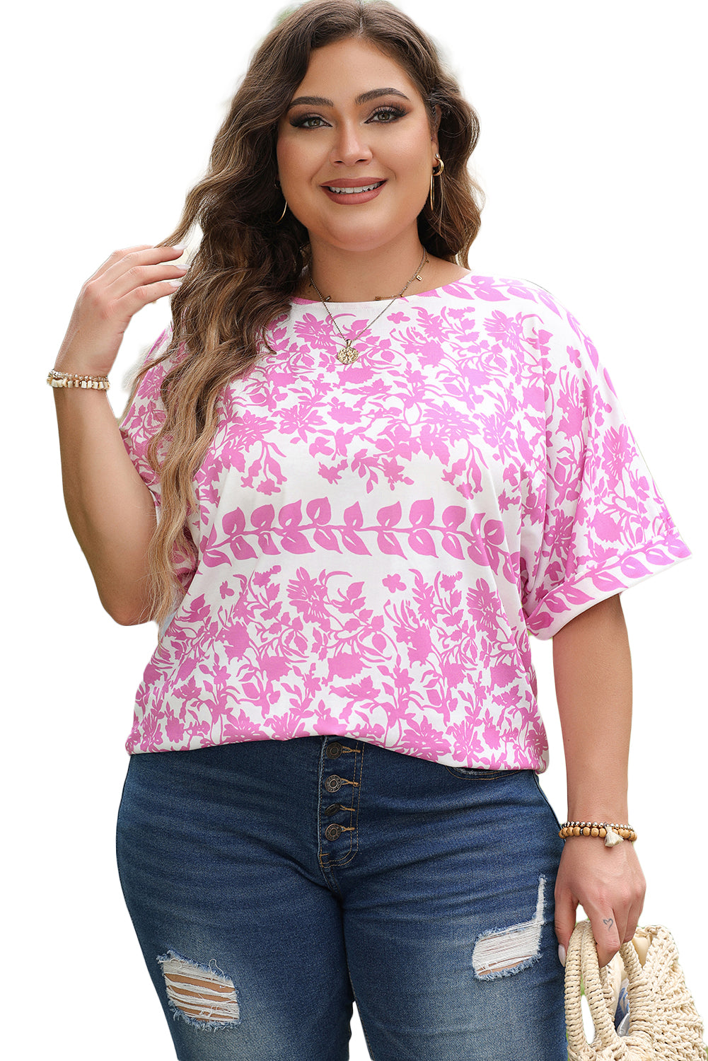 White Floral Printed Curved Hem Plus Size T Shirt