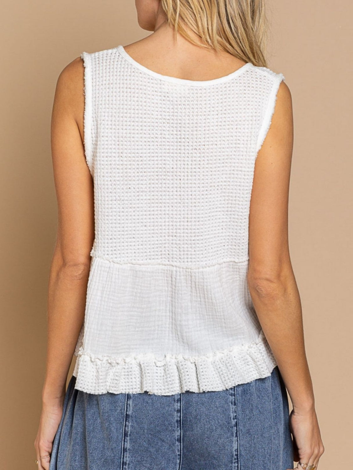 Waffle-Knit Frill V-Neck Tank