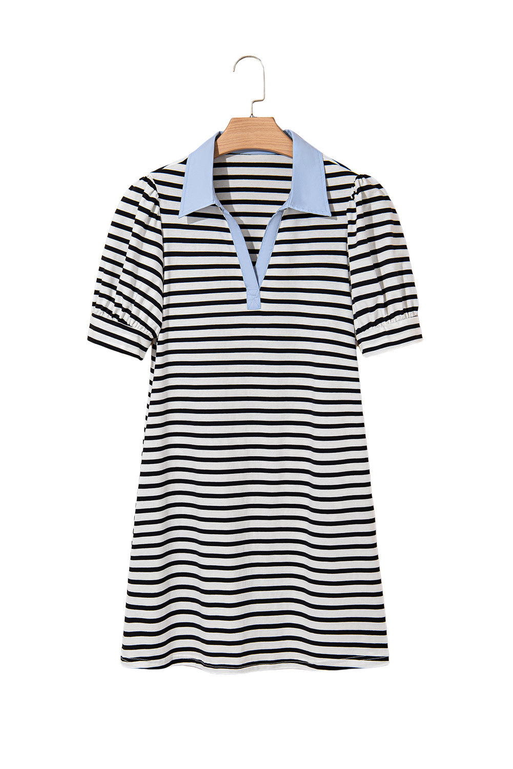 Black Stripe Contrast V Neck Collared Puff Sleeve T Shirt Mini Dress with Pockets