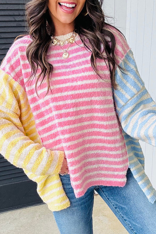 Multicolour Color Block Striped Patchwork Dolman Sleeve Slit Sweater