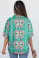 Sea Green Boho Abstract Print Contrast Striped Collared V Neck Blouse