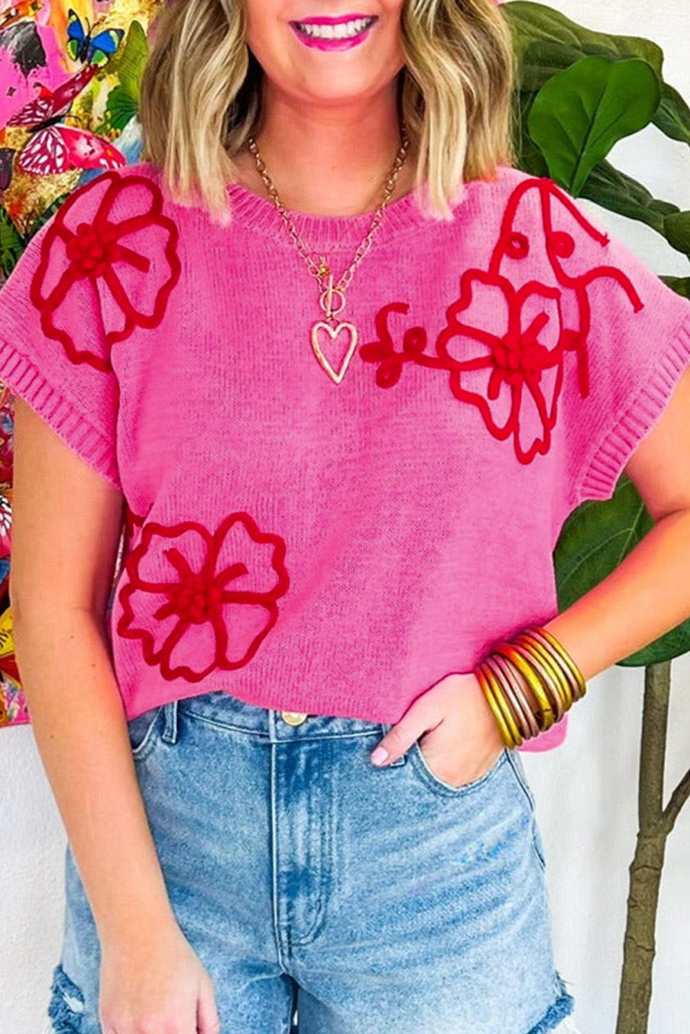 Bright Pink Corded Flower Embroidery Short Sleeve Knitwear Top