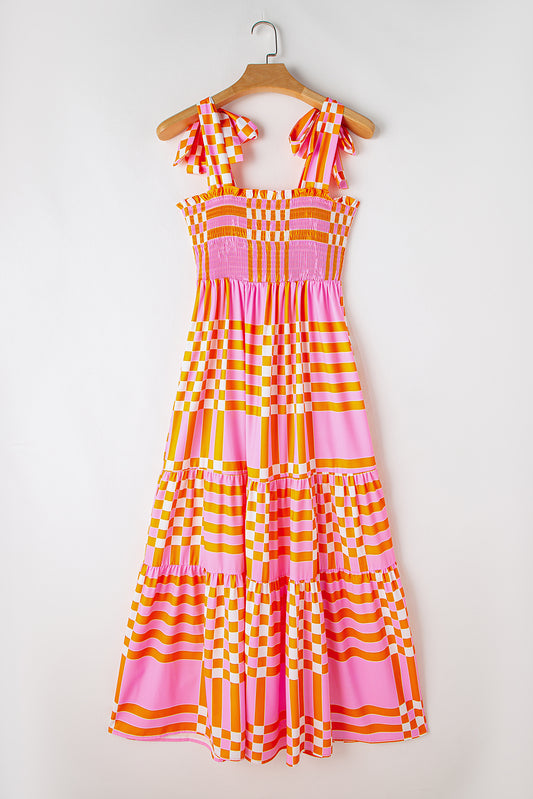 Pink Boho Gingham Tied Straps Smocked Maxi Dress