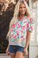 Pink Floral Print Striped Detail Split Neck Short Sleeve Blouse