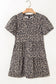 Brown Denim Leopard Printed Short Puff Sleeve Mini Dress