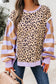 Purple Stripe Color Block Patchwork Leopard Casual Sweatshirt with Slits