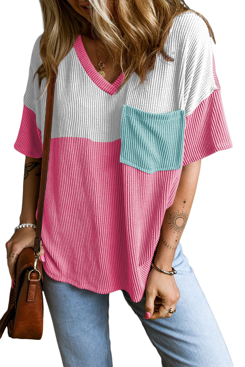 Rose Red Color Block Patch Pocket Corded V Neck Tee