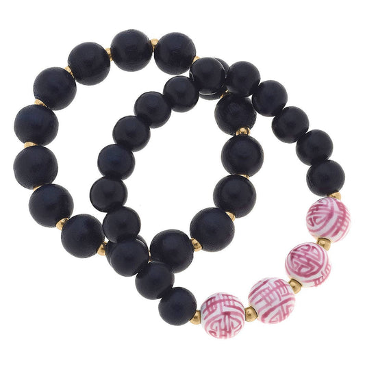 Iris Pink & White Chinoiserie & Painted Wood Stretch Bracelet Stack in Navy - Set of 2