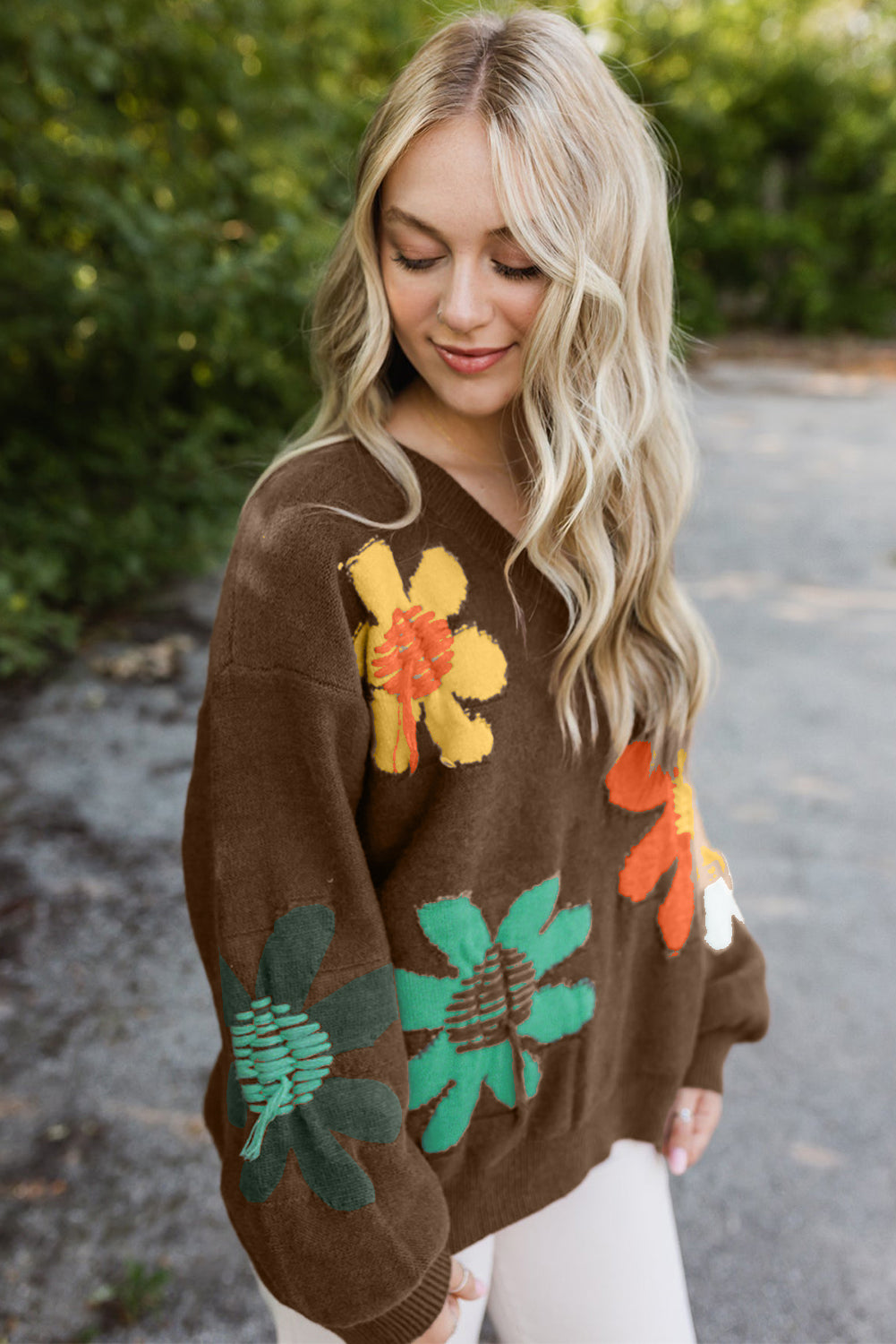 Coffee Big Flower Pattern V Neck Drop Shoulder Sweater