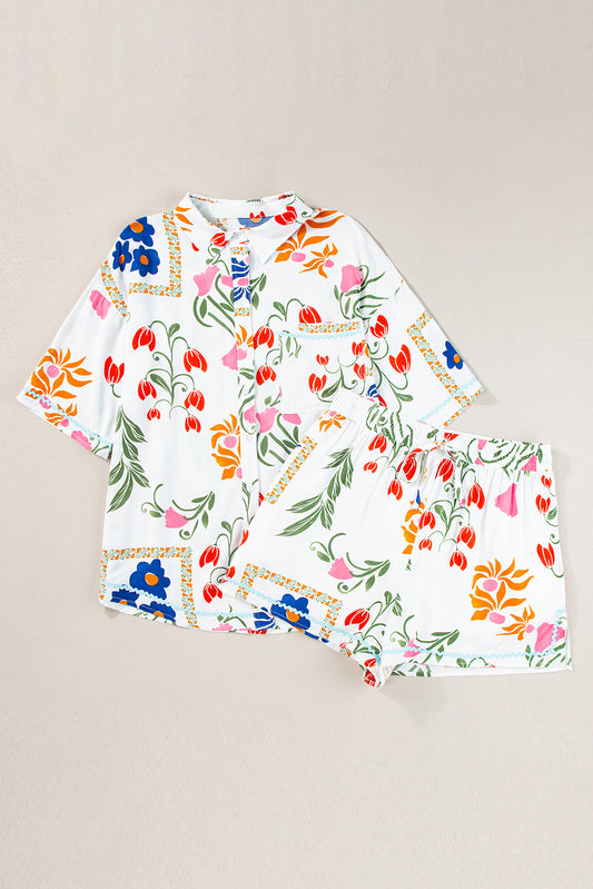 Ricrac Trim Floral Short Sleeve Shirt and Shorts Outfit