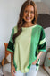 Mint Green Striped Patchwork Textured Colorblock 3/4 Sleeve Knit Top