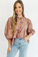 Light French Beige Floral Print Bow Pintuck Bust Half Puff Sleeve Blouse Top