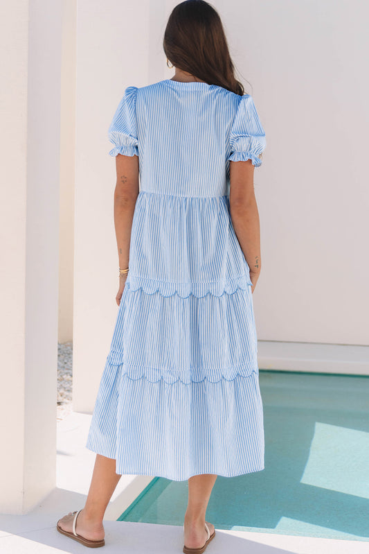 Sky Blue Stripe Bubble Short Sleeve Tiered Scallop Long Dress