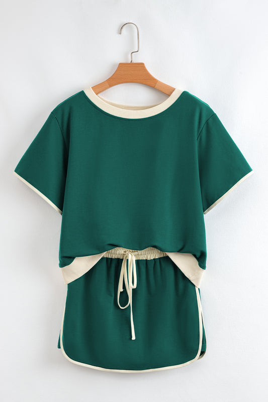Evergreen Colorblock Edge Drop Shoulder T Shirt and Skort 2Pcs Set
