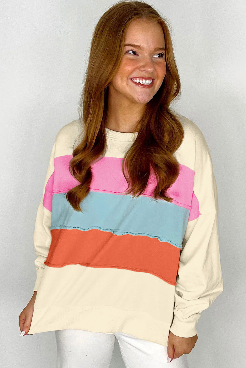 White Colorblock Patchwork Crewneck Drop Shoulder Sweatshirt