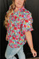 Multicolour Plus Size Floral Print Ruffle V Neck Bubble Sleeve Blouse