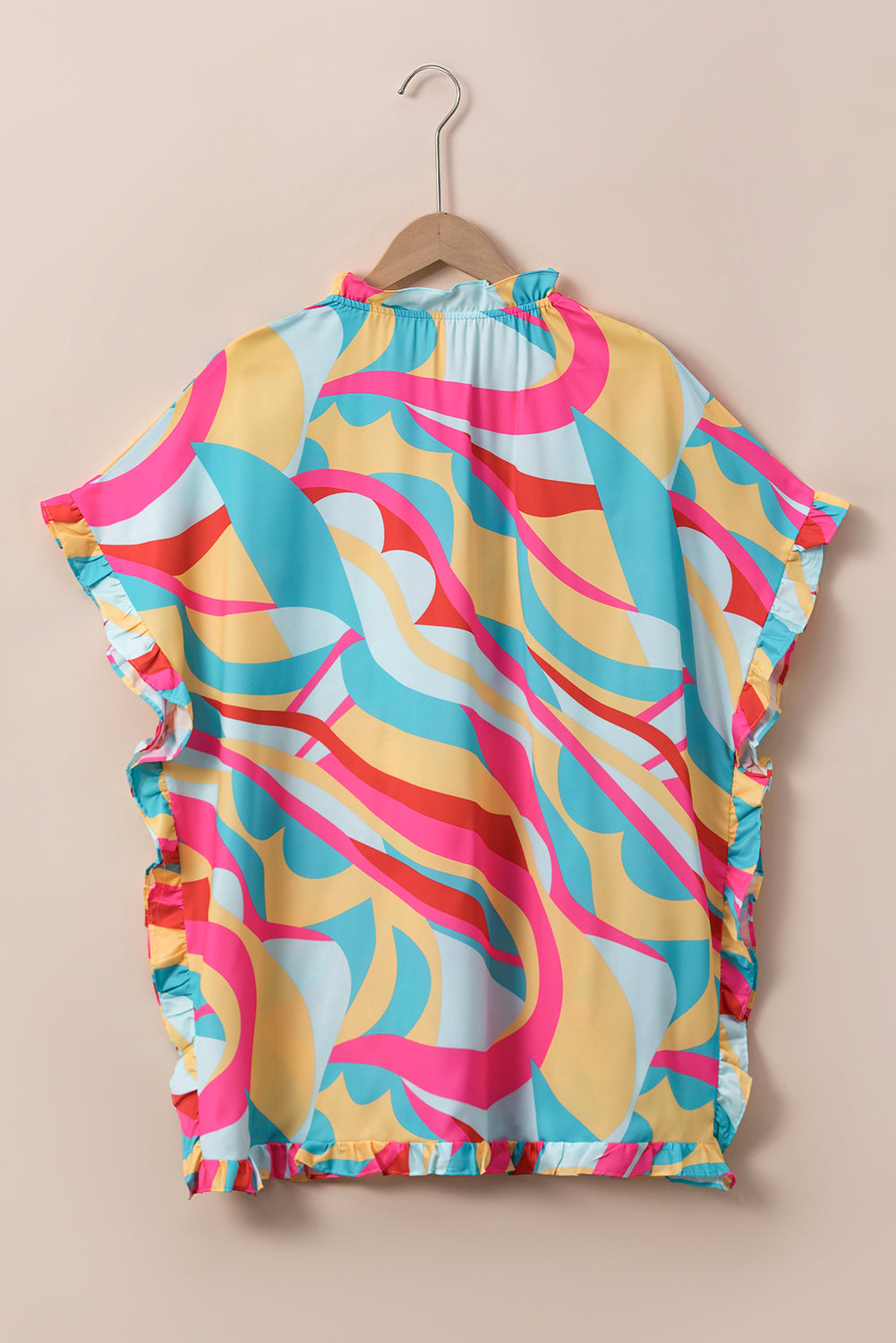 Multicolour Printed Frilled Batwing Sleeve Oversized T Shirt