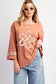 Grapefruit Orange Flower Patch Graphic Exposed Seam Wide Sleeve Top