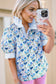 Sky Blue Floral Print Striped Patchwork Collared Short Sleeve Blouse
