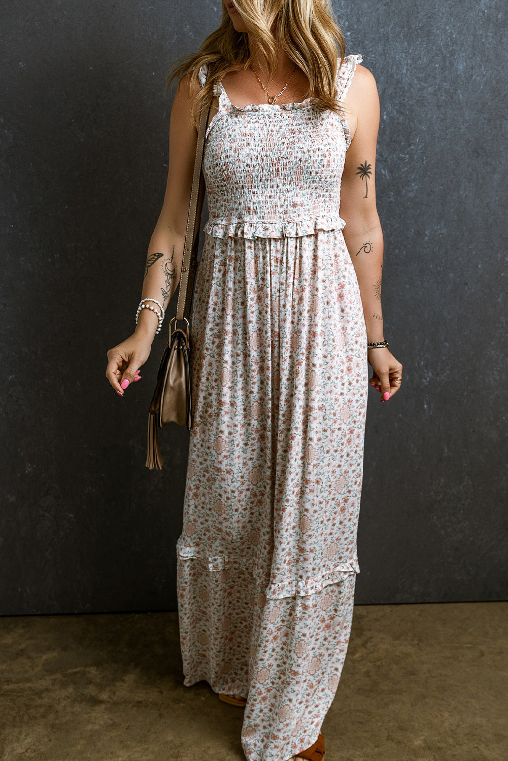 White Lace Frilly Straps Shirred Floral Maxi Dress