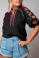 Black Floral Embroidered Ricrac Puff Sleeve Textured Blouse