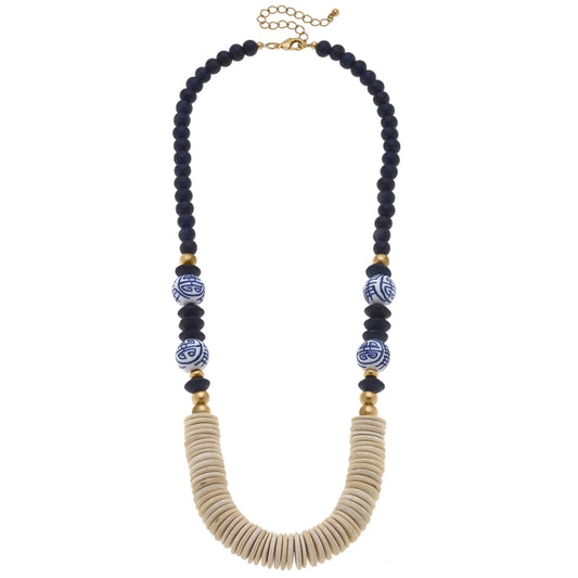 Monroe Chinoiserie & Painted Wood Necklace in Navy