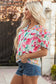 Pink Floral Print Striped Detail Split Neck Short Sleeve Blouse