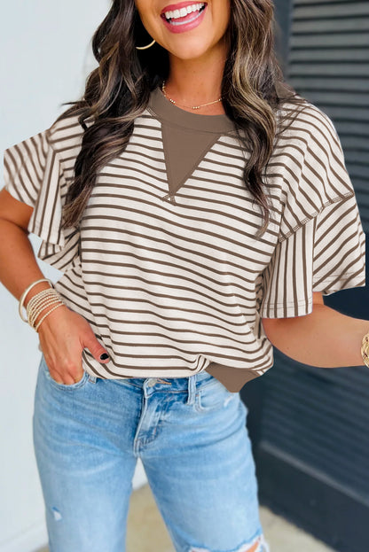 Parchment Contrast Detail Striped Ruffle Short Sleeve Top